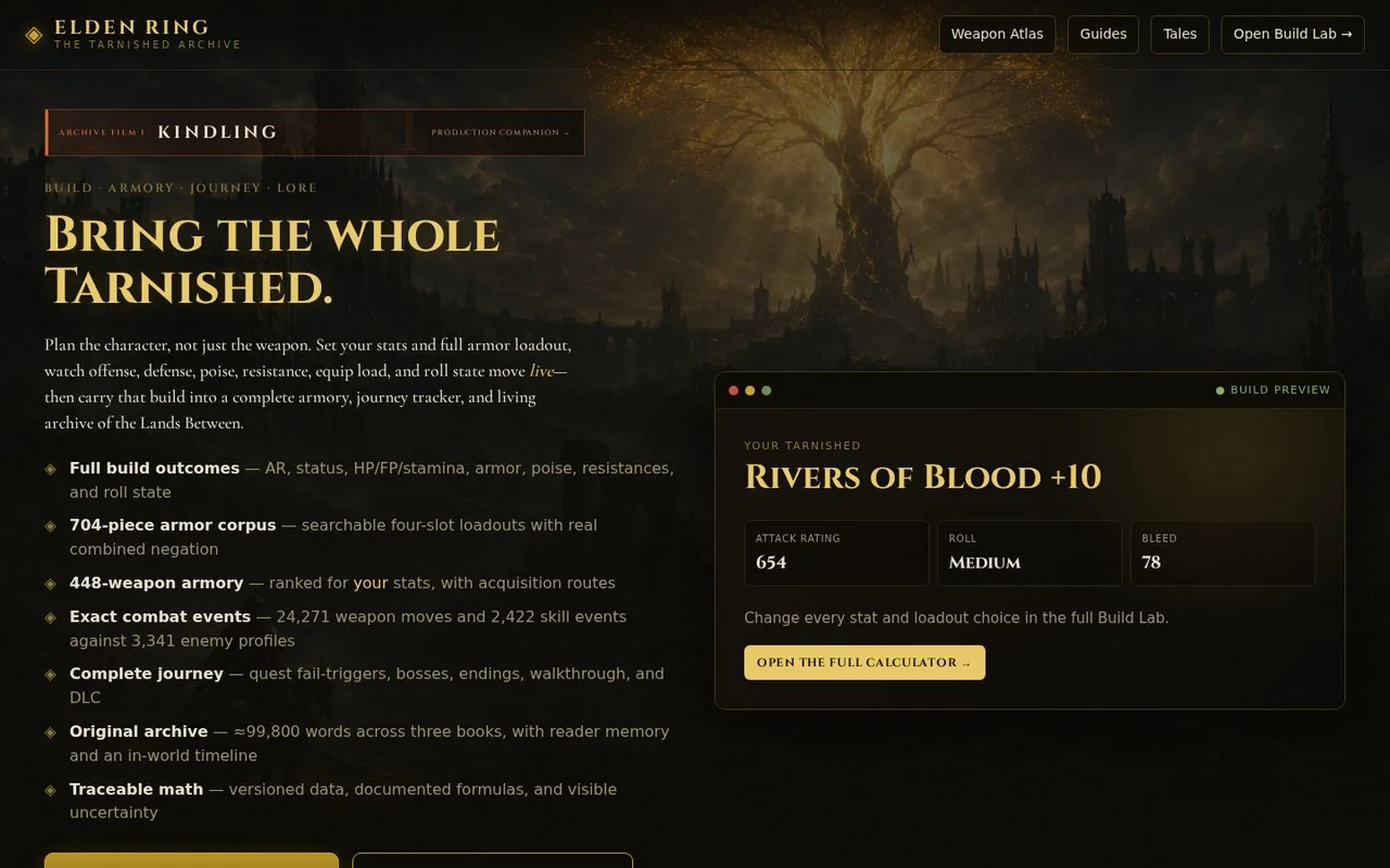 Open The Tarnished Archive: Elden Ring build calculator, armory and guides